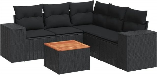 vidaXL 6-tlg Garten-Sofagarnitur in L-Form aus Polyrattan und Akazienholz mit Kissen, Schwarz - Bild 1