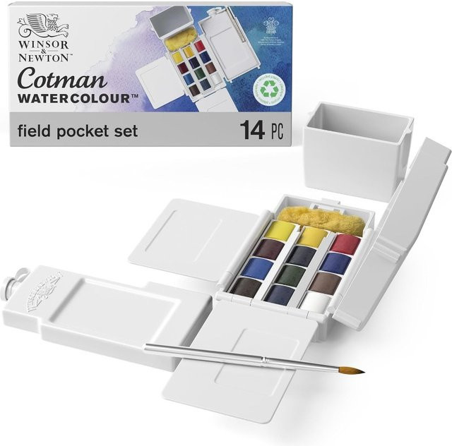 Winsor Newton Cotman Aquarellfarbe Feldtaschenset mit 12 halben Pfannen, Pinsel und Schwammflasche, Multicolour - Bild 1