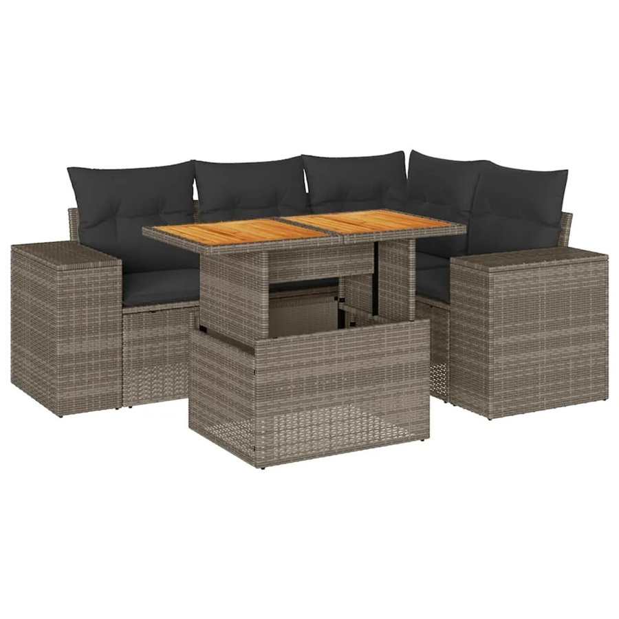 vidaXL 5-teilige Garten-Sofagarnitur aus Poly-Rattan und Akazienholz in Grau mit Kissen - Bild 2