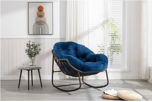 MUVOE Outdoor-Schaukelstuhl mit Rückenlehne und Armlehnen aus synthetischem Rattan und Stahlrahmen in Blau - Bild 1
