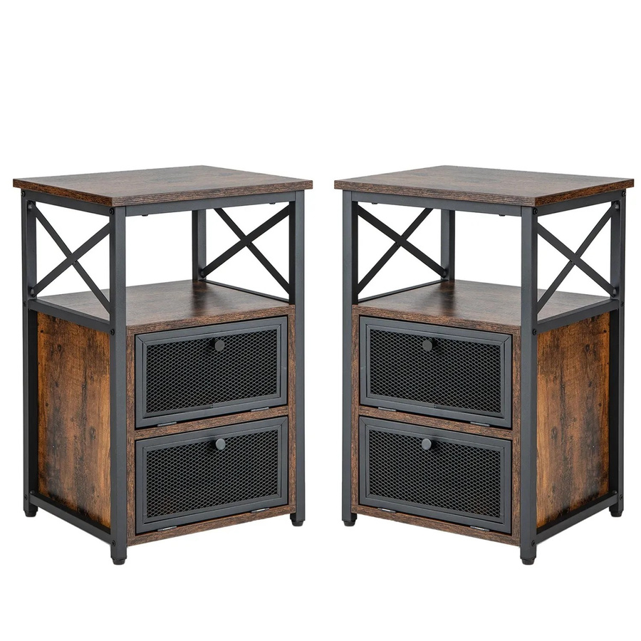 Costway 2er Set Beistelltisch Industrial Design in Schwarz und Braun mit Klappschubladen - Bild 2