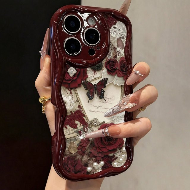 Wolkerfly Handyhülle mit Schmetterlings-Design in Weinrot und Creme für iPhone 11 bis iPhone 17 Pro Max - Bild 1