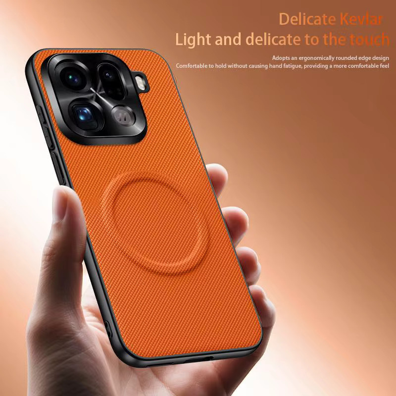 Magnetische MagSafe Schutzhülle aus mattem PU-Leder für OPPO Find X9, X9S, X8 Pro und X9 Ultra in Orange mit Metall-Linsenrahmen - Bild 2