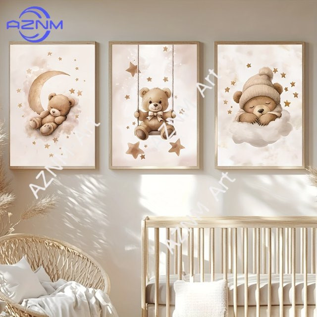 3-teiliges Set AZNM Wandkunst aus Leinwand mit braunem Bären und Mond als abstrakte Cartoon Tier Poster für Kinderzimmer und Wohnzimmer - Bild 1