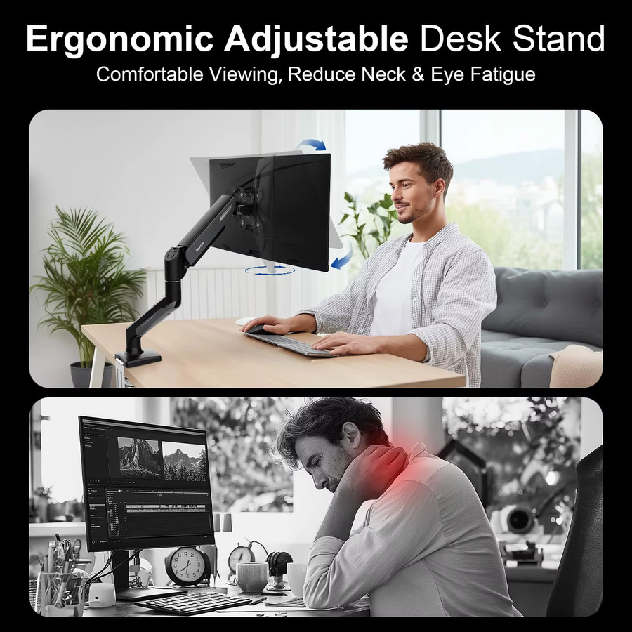NearHub Einzelmonitor-Arm-Montagehalterung für 13–32 Zoll Bildschirme bis 9 kg, voll bewegliches Gelenkstativ mit C-Klemme, Schwarz-Grau - Bild 2