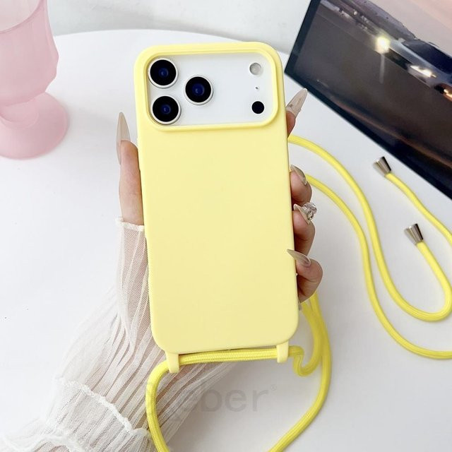 Mattes Silikon iPhone Hülle mit Crossbody-Lanyard-Riemen in Gelb für iPhone 17 16 15 14 13 12 11 Pro Max und XR XS X - Bild 1