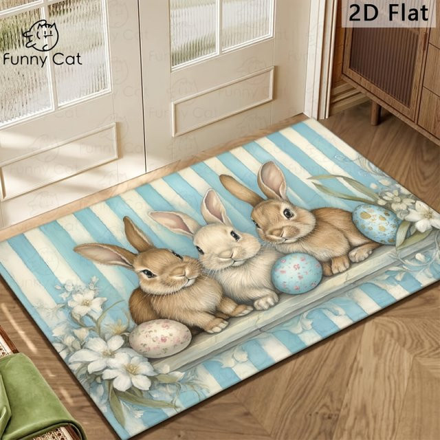 VIKAMA Fußmatte mit Osterhasen-Ei-Aufdruck, blau gestreift, rutschfest und schmutzabweisend, B: 60,0 cm, T: 40,0 cm, H: 1,0 cm - Bild 1