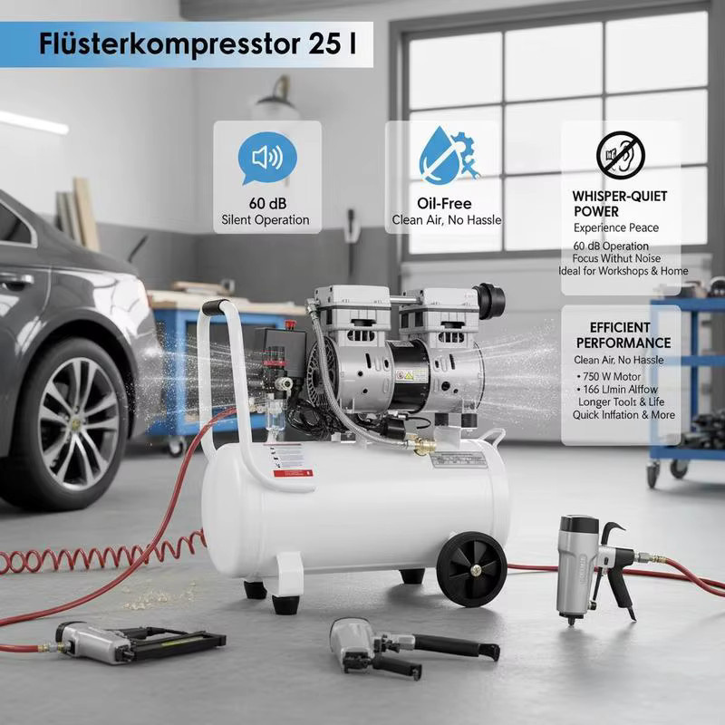 Leiser ölfreier Flüsterkompressor 25L mit 750W und 165L/min Abluftvolumen in Rot-Weiß - Bild 4