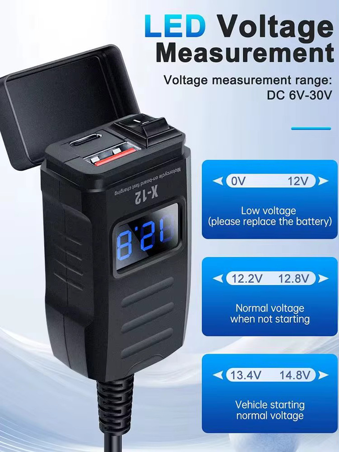 PD QC3.0 Motorrad-USB-Ladegerät mit Dual-USB-Anschluss, Voltmeter und Schalter, wasserdichter 12V-Adapter in Schwarz für Telefon und GPS - Bild 7