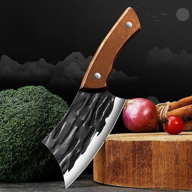 PTIEB Mini Hackmesser aus Edelstahl mit Holzgriff in Schwarz und Silber für Fisch, Fleisch und Gemüse - Bild 1