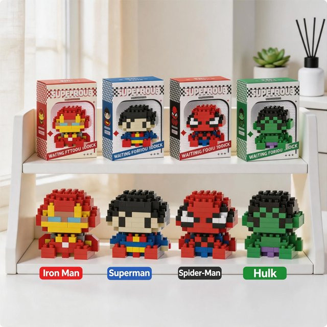 Bandai Marvel Superhelden-Figuren Spider-Man Superman Captain America, 3D Mini Mikropartikel-Bausteine, Set - Bild 1