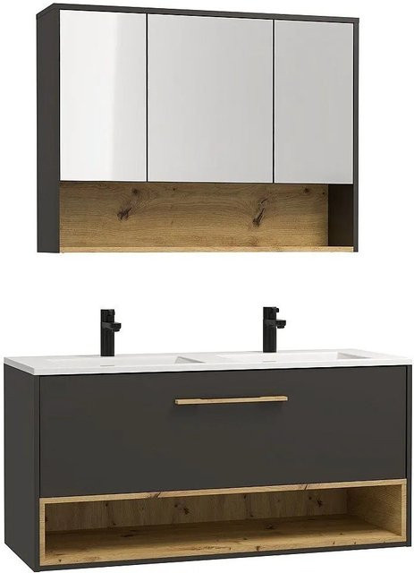 Vente-unique Badmöbel-Set Yangra Anthrazitgrau bestehend aus Waschbeckenunterschrank, Einbauwaschtisch und Spiegelschrank mit einer Breite von 120 cm - Bild 1