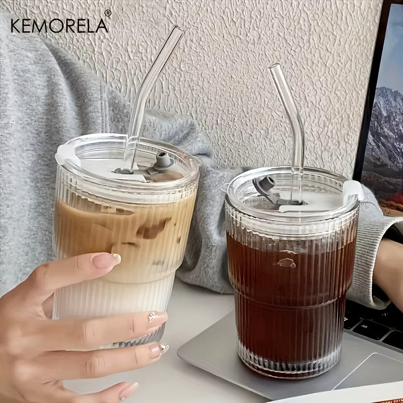 KEMORELA Streifen Glas Tasse mit Deckel und Stroh, transparent, 450 ml - Bild 3