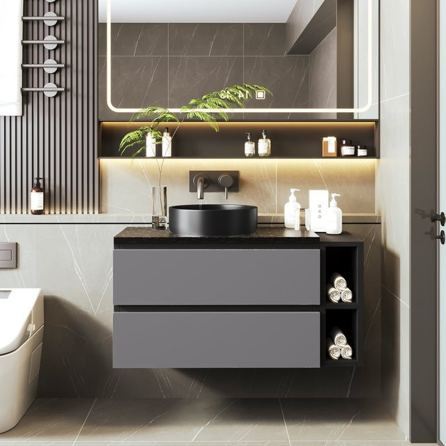 Aosom Waschbeckenunterschrank modern hängend mit Keramik Waschbecken und 2 Schubladen, Schwarz-Grau, B/T/H: 80 x 44 x 60,5 cm - Bild 1