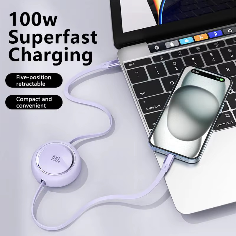 ILEPO USB-C auf USB-C Schnellladekabel mit 100 W Leistung, einziehbares Datenkabel in Schwarz, Länge: 1 m - Bild 3