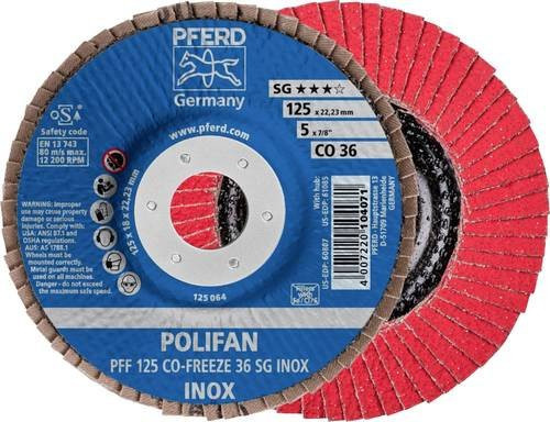 PFERD POLIFAN CO-FREEZE Fächerschleifscheibe SG INOX für Edelstahl, Durchmesser: 125 mm, Bohrungs-Ø: 22,23 mm, Körnung: 36 - Bild 1