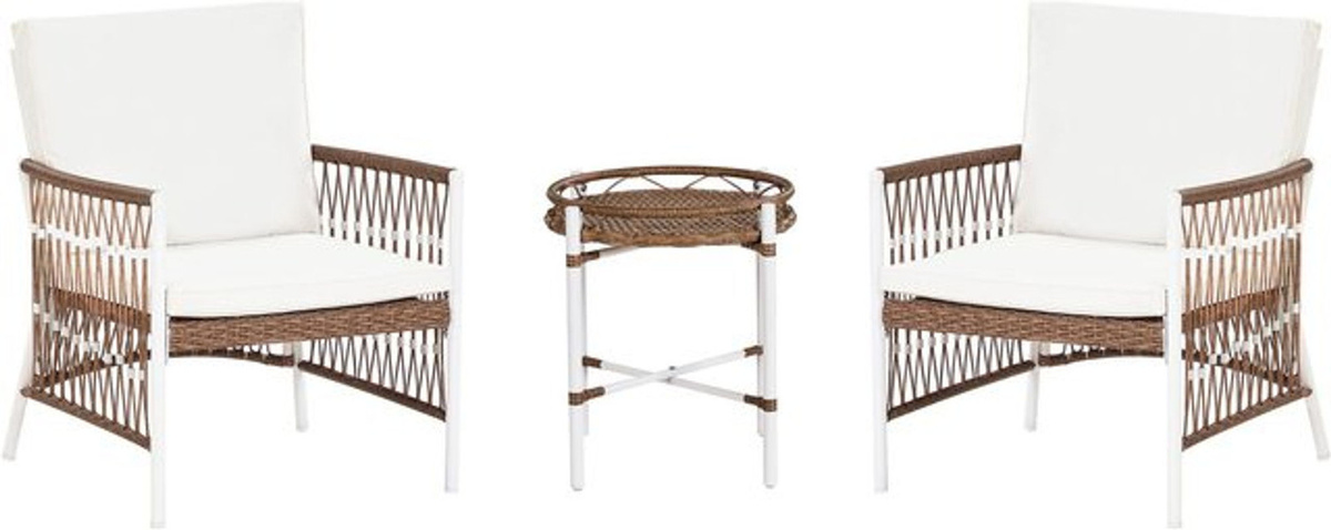 LEVICO 3-teiliges Balkonset in Weiß und Braun aus Polyrattan mit 2 Sesseln und Couchtisch im Bohemian Design - Bild 1
