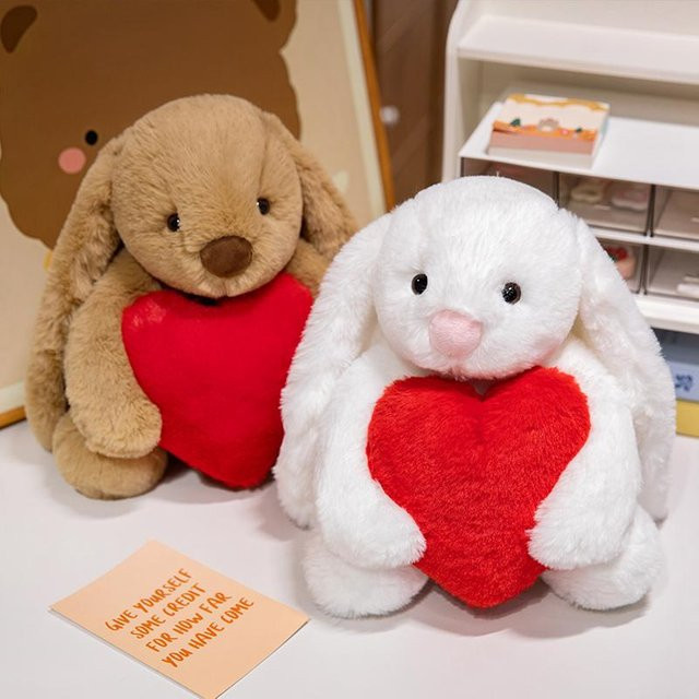 Kidsly Kaninchen Plüschpuppe, Herz haltendes Plüschtier, Weiß, Braun - Bild 1