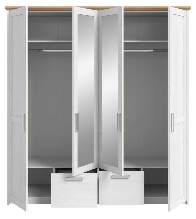 Kleiderschrank Mirano Landhausstil in Weiß und Lärche mit integrierten Schubladen und Spiegel, B/T/H: 200 x 61 x 188 cm - Bild 3