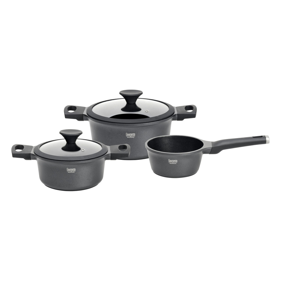 Gourmesto Kochtopfset Black Line Schwarz, 3-teilig mit Antihaftbeschichtung aus Aluminium und Glasdeckeln - Bild 2