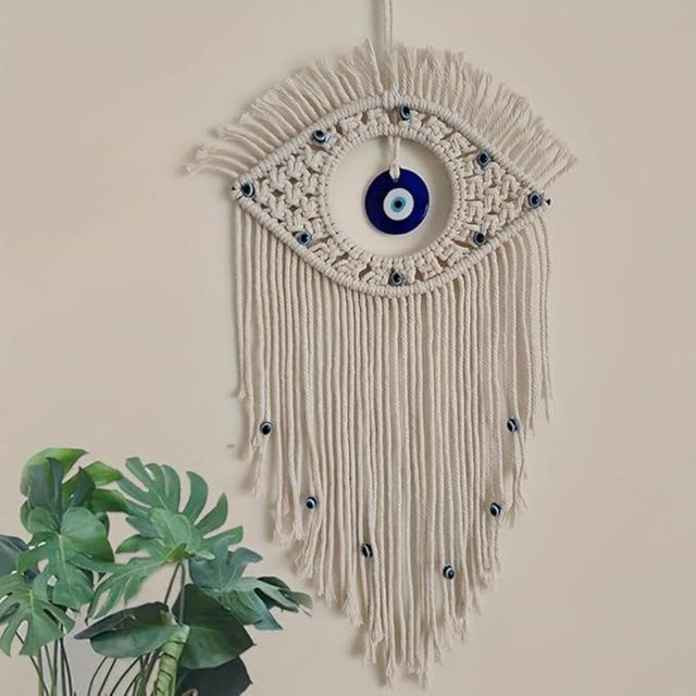Handgefertigter gewebter Wandteppich von Pearclub als Boho Amulett mit Böser Blick Ornament in Türkisch Blau und Beige - Bild 1