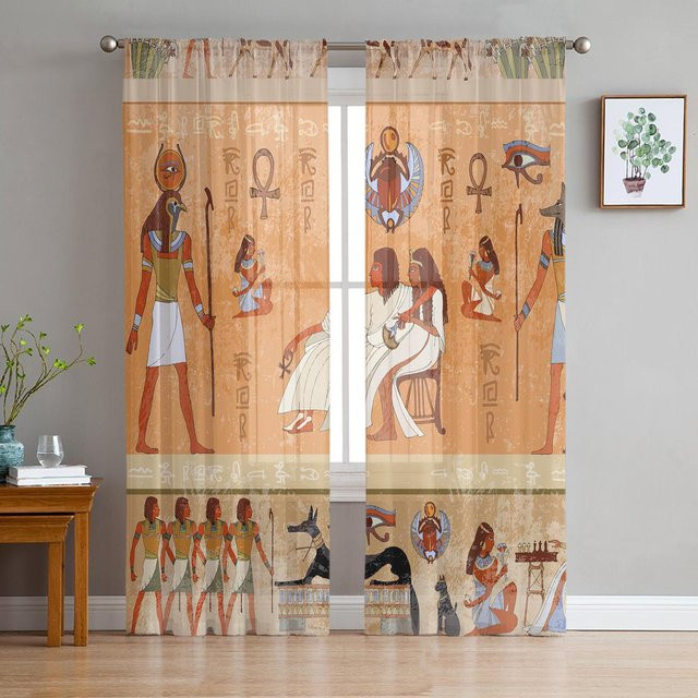 Transparente Tüll-Voile-Vorhänge von Yiran Furniture mit ägyptischem Palasthaustürmuster in Beige, Breite: 135 cm, Höhe: 115 cm - Bild 1