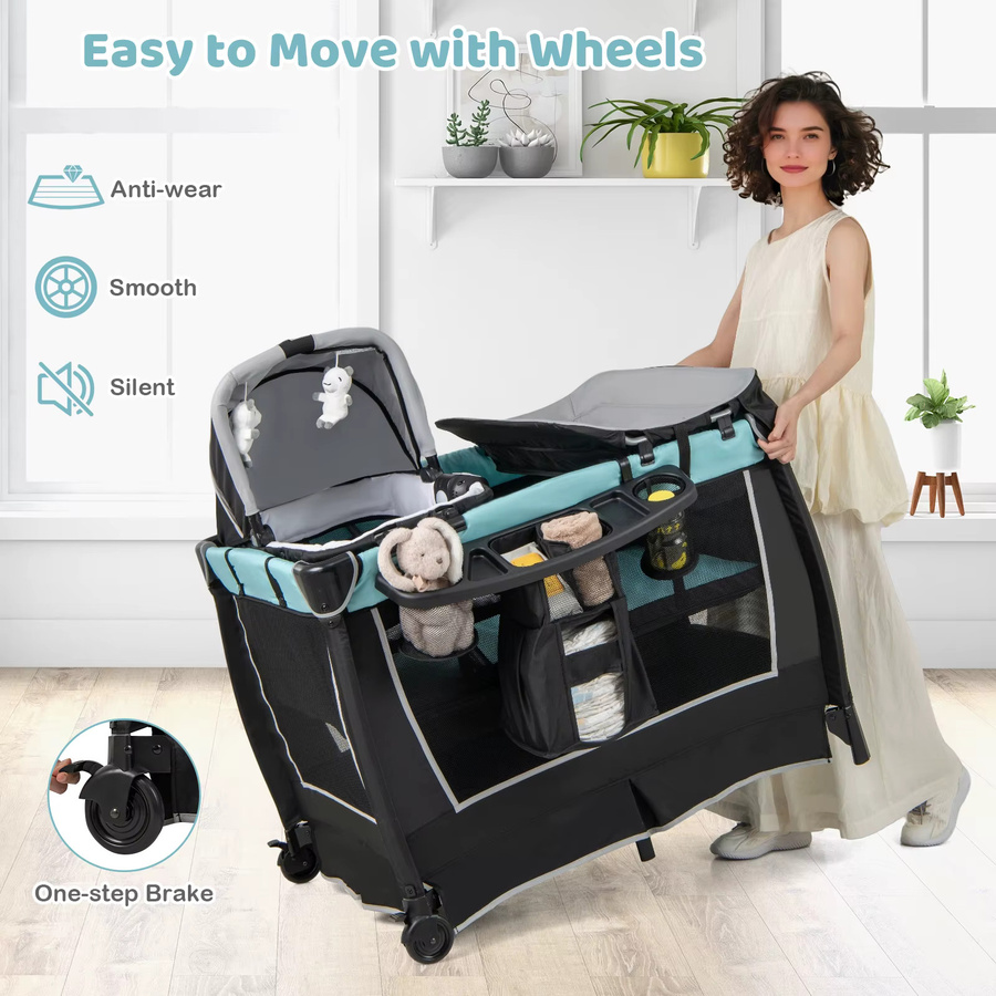 GOFLAME 6-in-1 Reisebett mit Matratze, mobile Babywiege mit verstellbarem Baldachin, faltbares Babybett inklusive Wickelunterlage und Spieluhr, Grün - Bild 2