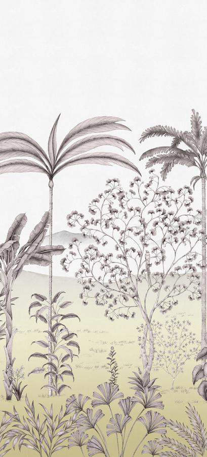 Isidore Leroy Mural Jardin des Oiseaux Safran Wandtattoo Panel A in Gelb, Grau und Beige mit floralem Design - Bild 2