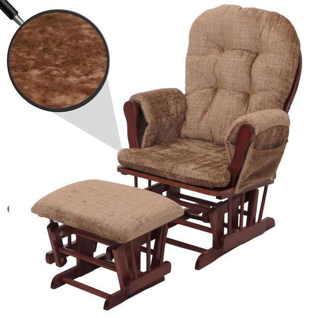 MCW Relaxsessel C76 Schaukelstuhl mit Hocker aus Chenille Stoff in Hellbraun und dunklem Holzgestell - Bild 1