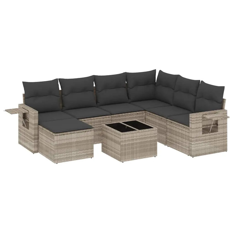 vidaXL 8-teilige Garten-Sofagarnitur in L-Form mit Kissen und Couchtisch, Hellgrau, Poly-Rattan und Metallrahmen - Bild 2