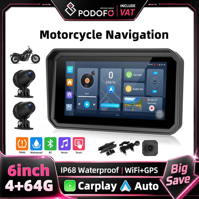 Podofo 6 Zoll Kabelloser Motorrad-Multimedia-Player mit Android Auto, CarPlay, GPS, DVR und Reifendrucküberwachung in Schwarz (4+64GB) - Bild 1