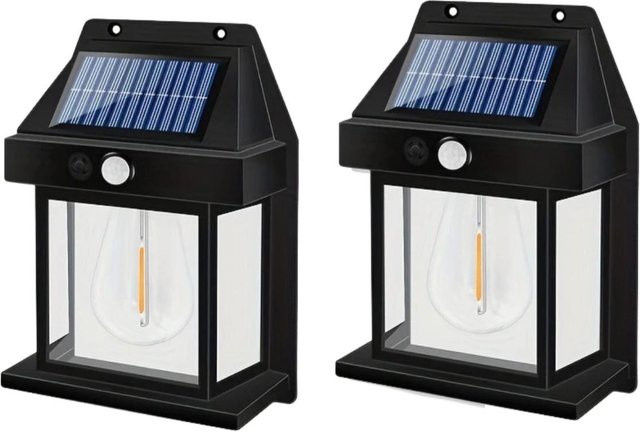 YJMP Super Lighting Solar Wandleuchten Set 4 Stück, Schwarz, LED Außenbeleuchtung mit Bewegungssensor und Dämmerungssensor, IP65 Wasserdicht, Warmweißes Licht für Terrasse, Veranda und Garage - Bild 1