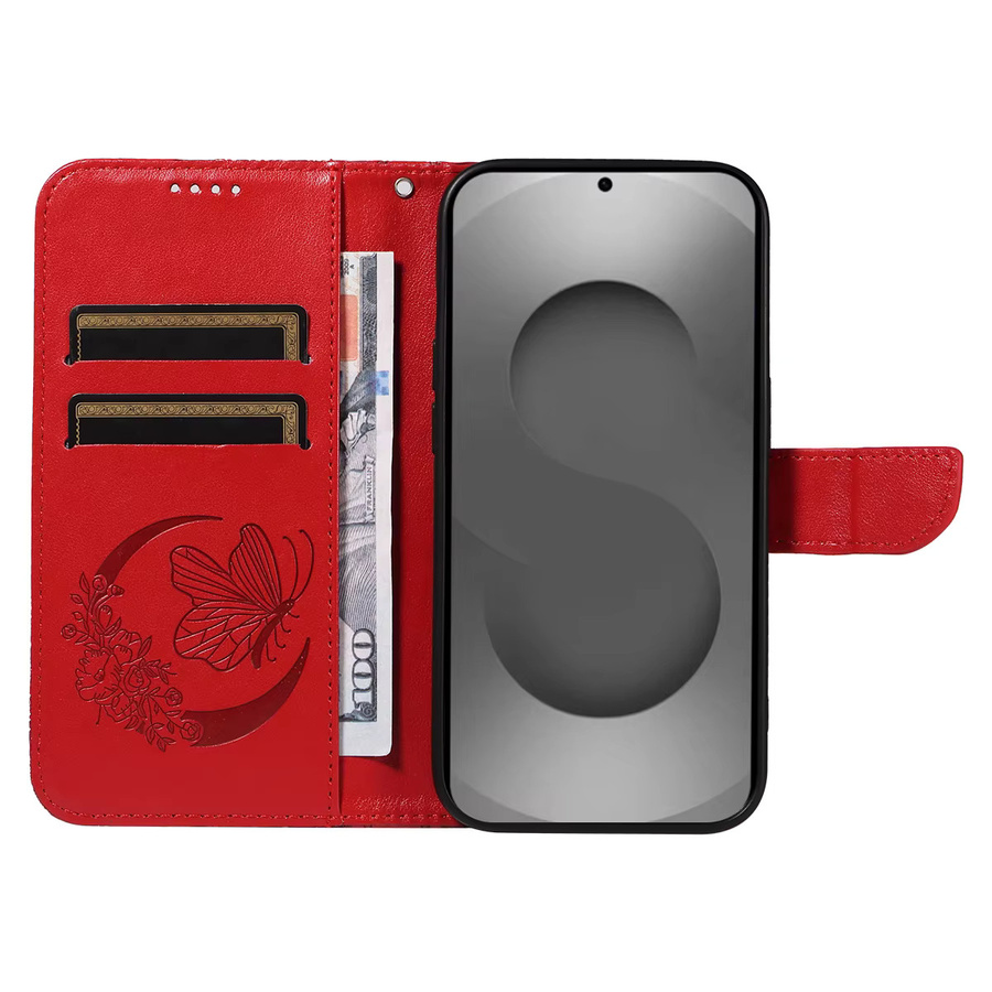 Magnetische Leder-Brieftaschenhülle für Samsung Galaxy S26 Plus, S26 Edge oder S26 Ultra in Rot mit 3D-Schmetterlingsprägung und Ständerfunktion - Bild 3