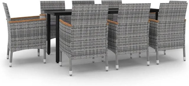 vidaXL 9-teilige Garten-Essgruppe aus Poly-Rattan mit Glasplatte und Kissen in Grau und Schwarz - Bild 1