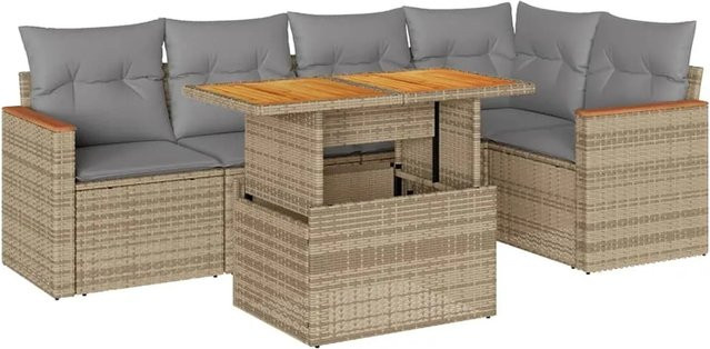 vidaXL 6-teilige Garten-Sofagarnitur in L-Form aus Polyrattan und Akazienholz mit Kissen, Beige-grau - Bild 1