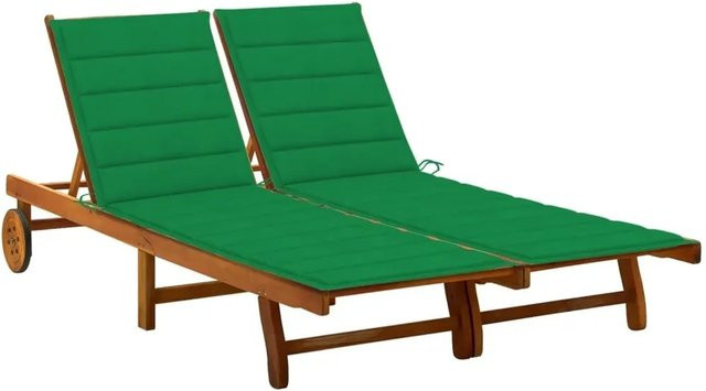 vidaXL 2-Personen-Sonnenliege aus Akazie Massivholz in Braun mit grünen Auflagen und Rollen - Bild 1