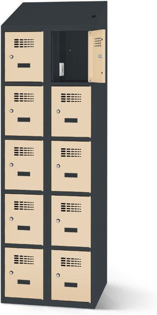 rotstahl Fächerschrank mit Ladefunktion und 10 Fächern in Elfenbein mit anthrazitgrauem Korpus, B: 80 cm, H: 200 cm - Bild 1