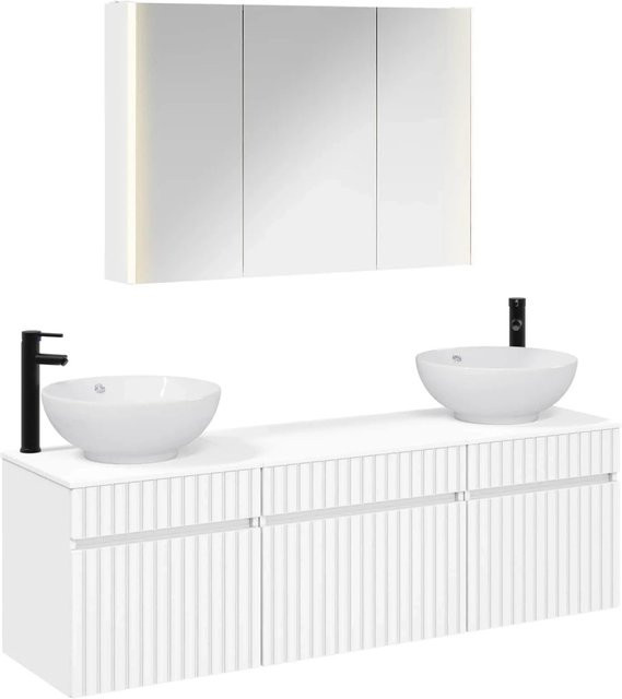 vidaXL Badezimmerschrank-Set 4-teilig in Weiß, minimalistisches Design mit LED-Beleuchtung und Spiegelschrank, B/T/H: 103,5 x 15,5 x 70 cm - Bild 1