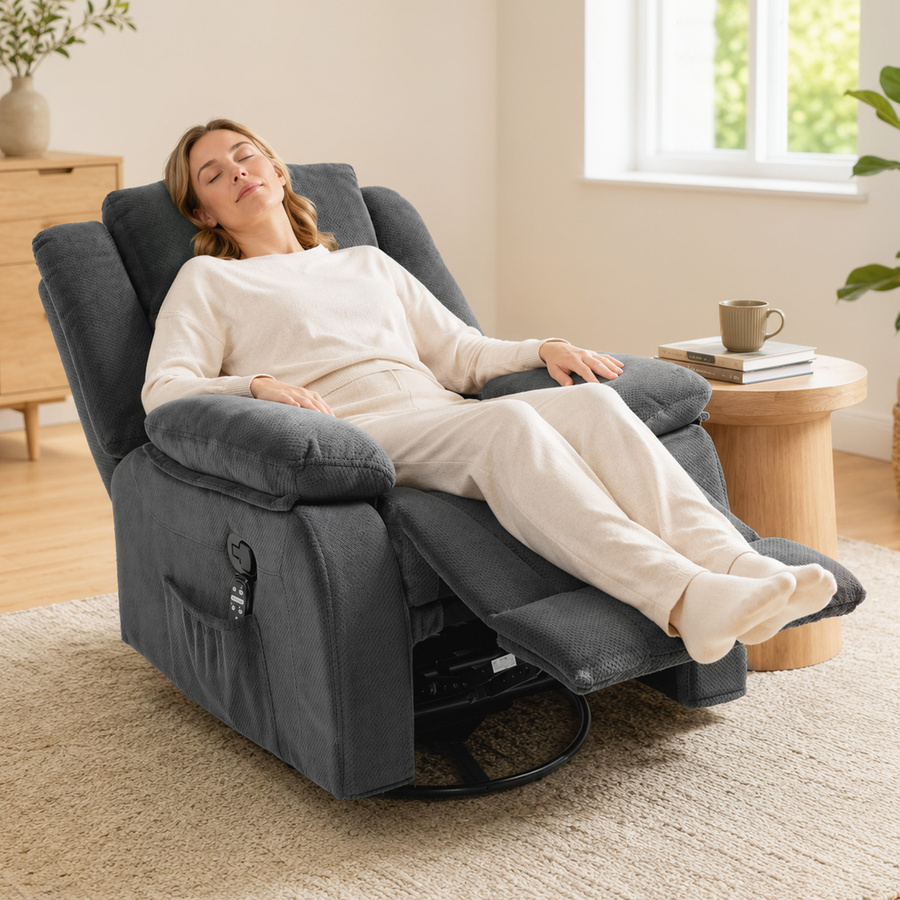 HOMCOM Relaxsessel mit Vibrationsmassage und Heizfunktion, grauer Fernsehsessel mit Liege- und Wippfunktion, 360 Grad drehbar mit Fernbedienung und Seitentasche - Bild 2