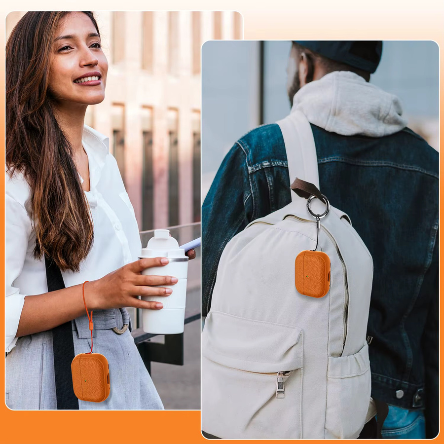 Stoßfeste Lederstruktur-Schutzhülle für Apple AirPods Pro 3 und Pro 2 mit Schlüsselanhänger und sichtbarer LED in Weiß und Orange - Bild 4