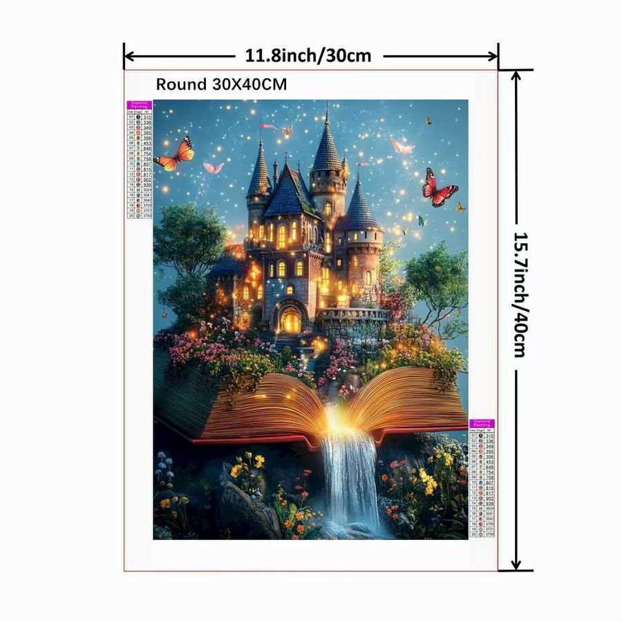 5D Diamant-Malerei-Set Potdemiel Fantasy-Schloss mit Wasserfall und Landschaft als Mosaik-Stickerei für die Wanddekoration, Full Drill, Rund - Bild 2