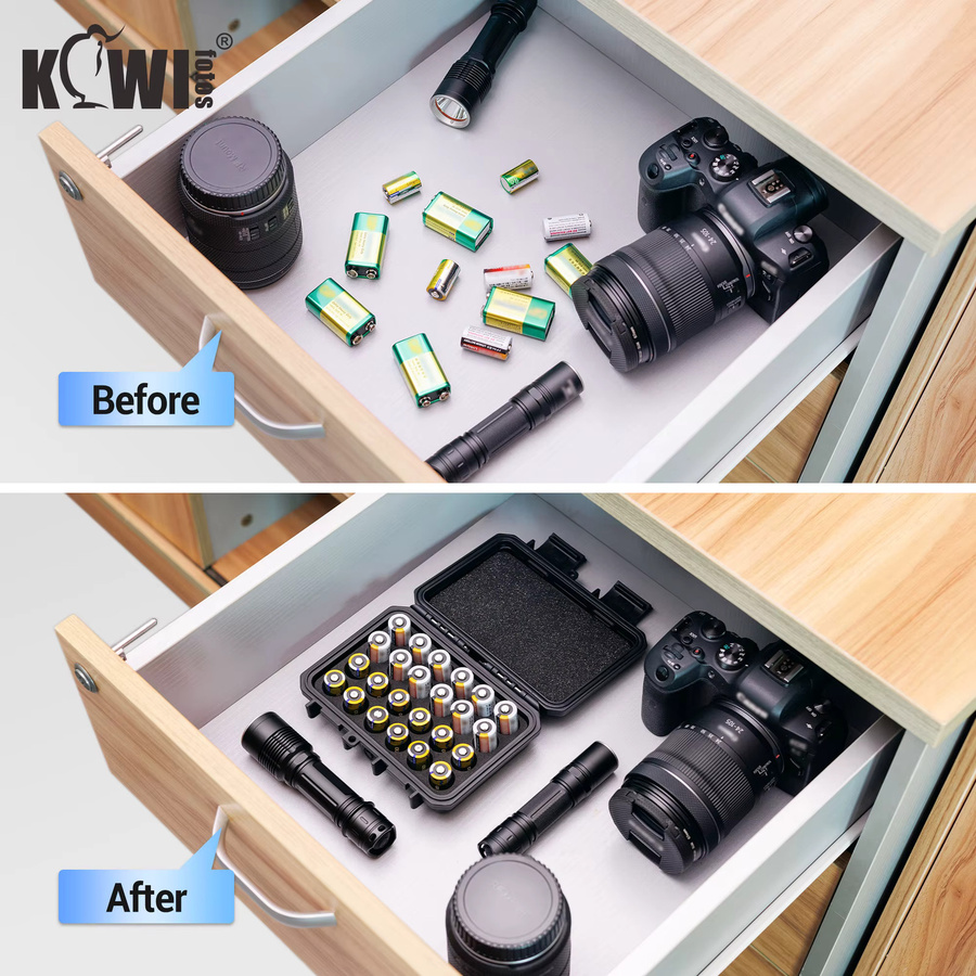 KIWIFOTOS Batterie-Organizer Gehäuse für 24 CR2 CR123 CR123A Lithium-Batterien, wasserdichtes IP67 Hartschalenetui, Schwarz - Bild 4