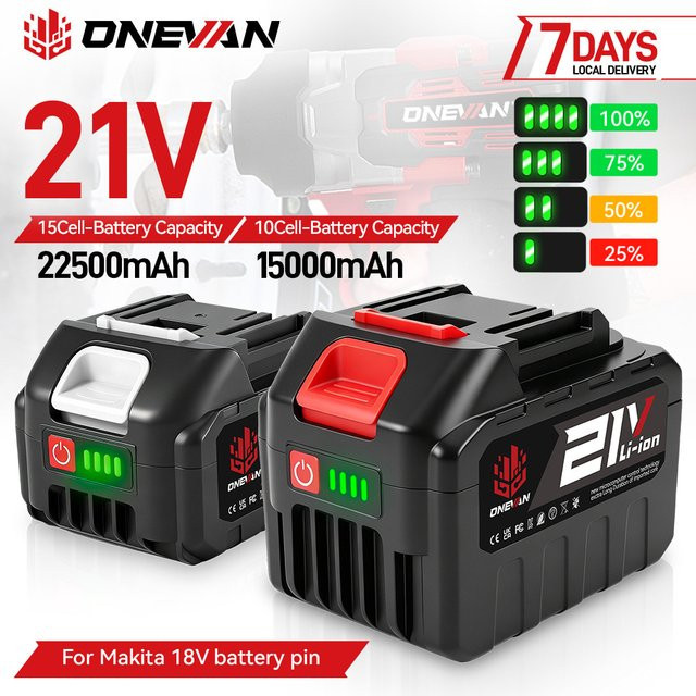 ONEVAN Lithium-Ionen-Akku 18V für Makita bürstenlose Akkuschrauber und Schlagschrauber, 15000mAh bis 22500mAh, Schwarz - Bild 1