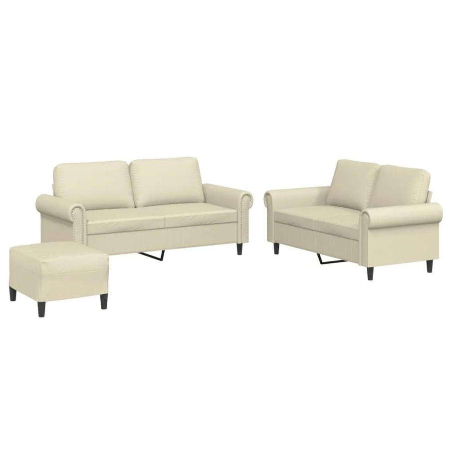 vidaXL 3-teilige Sofagarnitur mit Kissen und Ottoman in Creme aus Kunstleder - Bild 1
