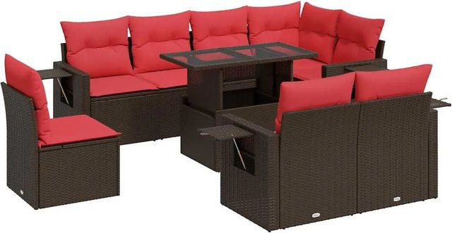 vidaXL 9-tlg. Garten-Sofagarnitur in L-Form aus braunem Poly-Rattan und Akazie mit Kissen und Armlehnen - Bild 1