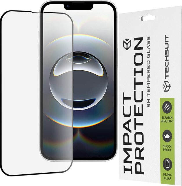Techsuit M1 Displayschutzfolie aus gehärtetem Glas für Apple iPhone 17e, 16e, 14 und 13 Pro, Full Glue, Schwarz - Bild 1