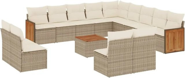 vidaXL 14-tlg. Garten-Sofagarnitur aus Poly-Rattan und Akazienholz in Beige-Creme mit Kissen - Bild 1