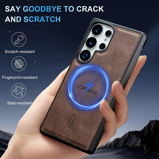 Magnetische Lederhülle für Samsung Galaxy S26 Ultra S25 S24 Ultra S23 FE S22 FE A17 A37 A57 A16 A36 A56 in Braun mit kabellosem Laden - Bild 1