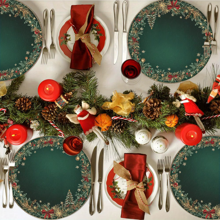 VIKAMA 4-teiliges Weihnachts-Tischset aus Leinen mit floralem Design in Rot und Grün für deine Partydekoration - Bild 4