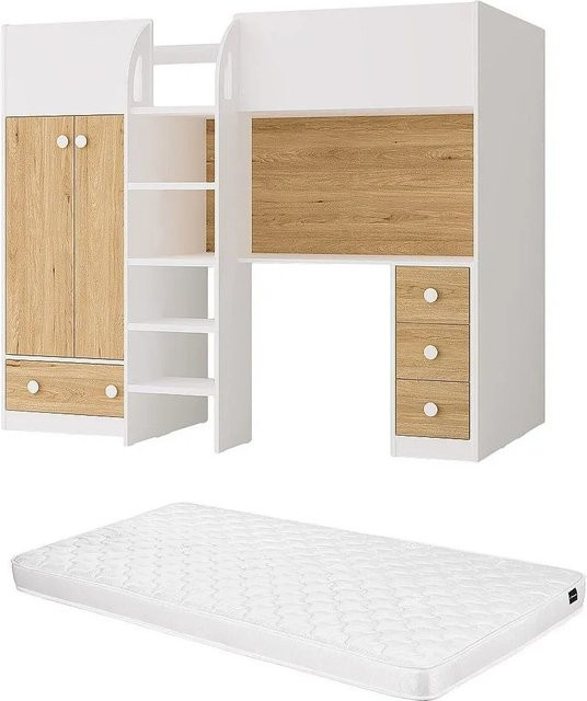 Vente-unique Hochbett Cinamo in Naturfarben Hell und Weiß, Höhe: 196 cm - Bild 1